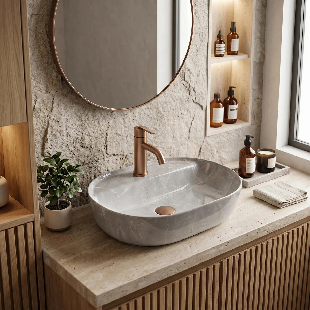 AUFSATZWASCHBECKEN Rea Aura 51 Kashmir - Grau, Keramik (38.5/13.5/50.5cm) - REA