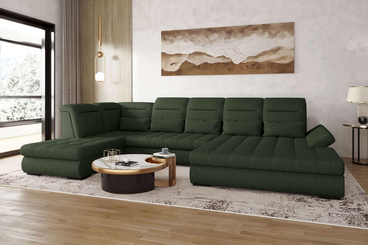 WOHNLANDSCHAFT Toscana Velours inkl. Schlaffunktion - Olivgrün, Textil (358/87/208cm) - 99rooms