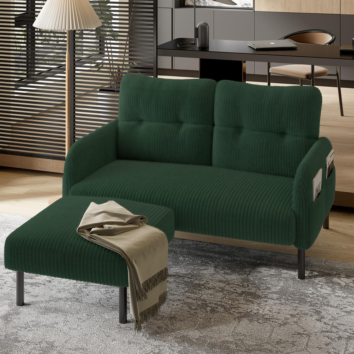 2-SITZER SOFA Cord Emerald mit Seitentasche - Grün, Textil/Metall (120/79/75cm) - WISHDOR