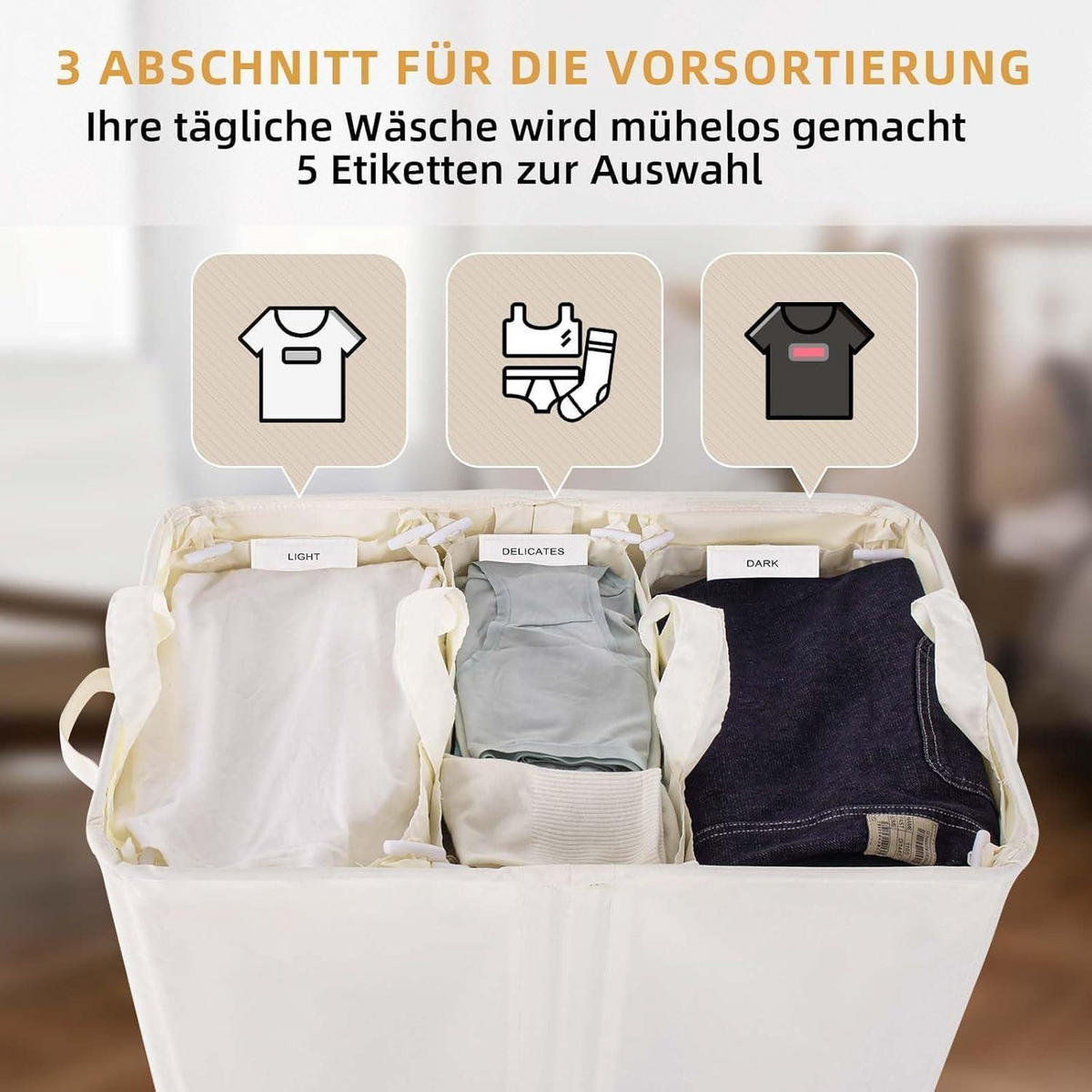 WÄSCHEKORB mit Deckel 160L 3 Fächer Beige - Weiß, Textil (39/69/59cm)