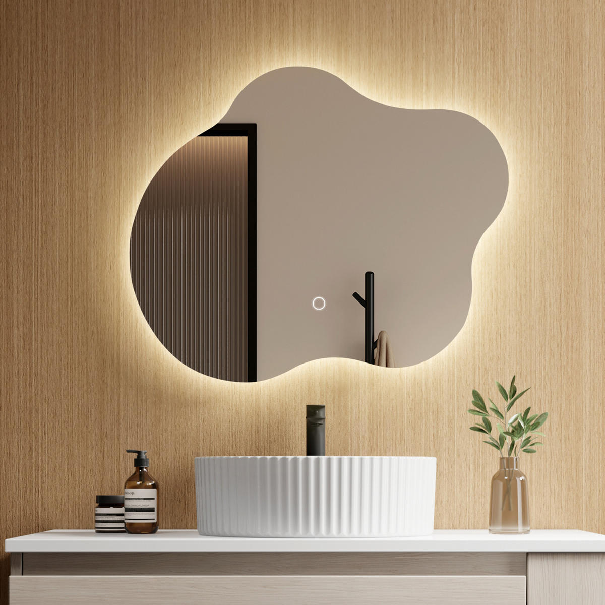 BADSPIEGEL asymmetrisch mit LED-Beleuchtung, Antibeschlag 60/50/3 cm - Transparent, Glas (60/50/2.9cm) - EMKE