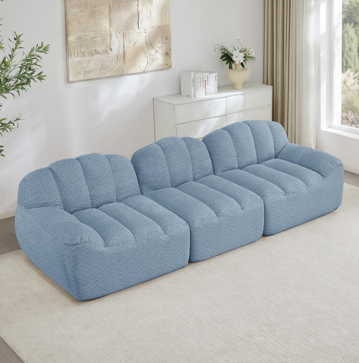 MODULARES 3-Sitzer-Sofa aus granuliertem Fleece mit ergonomischer Form Blau - Blau, Textil (104/79/288cm) - Modenvie