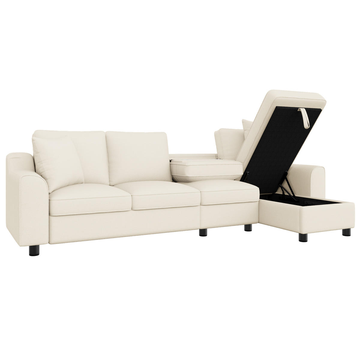 ECKSOFA 280/136/82 cm Beige mit aufklappbarem Stauraum und klappbare Rückenlehne mit Getränkehaltern - Beige, Textil (136/82/280cm) - Oxeza