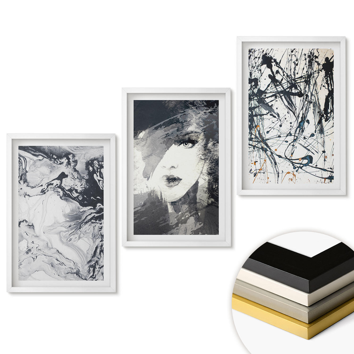 WANDBILDER 3er-Set - 40x60 cm Weißer Rahmen - Abstrakte schwarz-weiße Muster - Weiß, Kunststoff (40/60cm) - ArtPrintCave