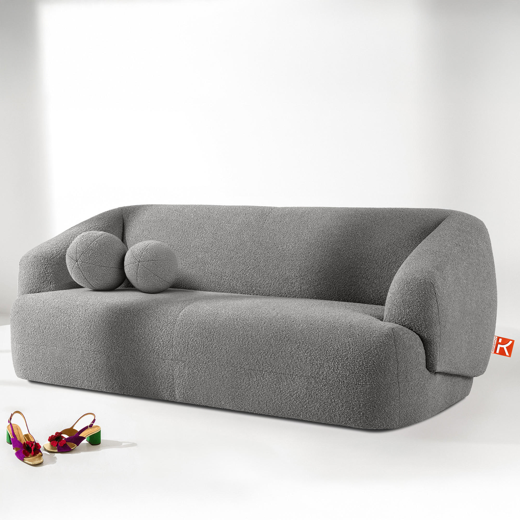 EINZELSOFA VIRA, Grau, Bouclé - Schwarz/Grau, Holz/Holzwerkstoff (210/84/100cm) - KONSIMO®