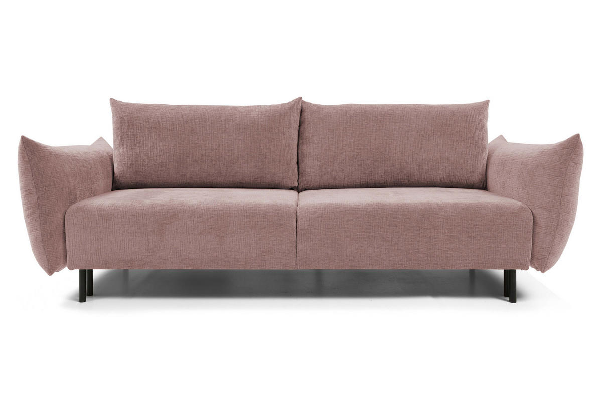 SOFA ADEL - Schlaffunktion Und Bettkasten, Wellenfederung, PUR-Schaum, Schwarze Metallfüße lose Rückenkissen, freistehend, 240x108x75 cm Pink - Pink, Holz/Textil (240/75/108cm) - DomoHome