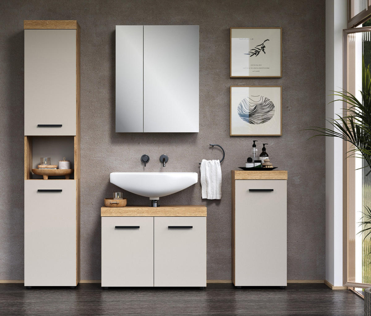BADMÖBEL-SET Kaschmir, Evoke Eiche 4-teilig 164 x 184 cm, Badkombination in modernem Design - Kaschmir/Eichefarben, Glas/Holzwerkstoff (164/184/34cm) - Top.Furn