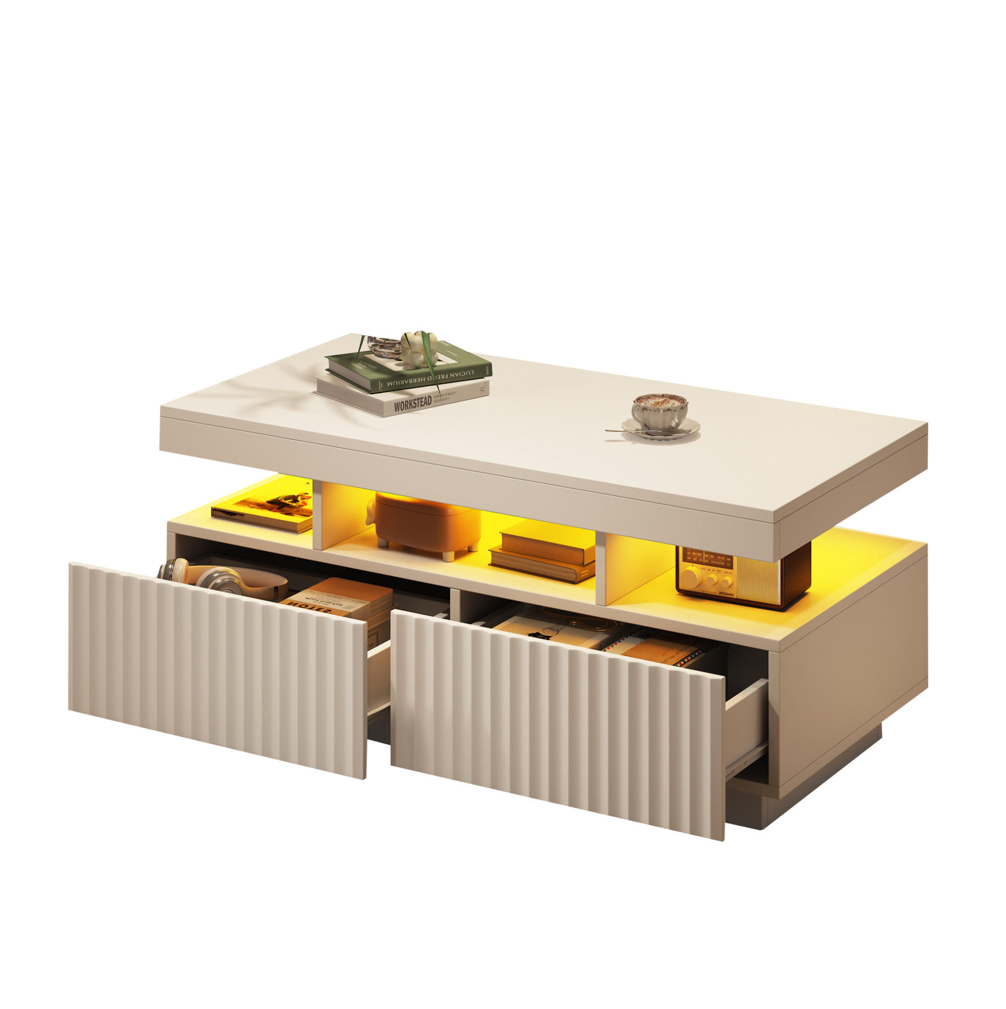 COUCHTISCH 100/50/45 cm mit 2 Schubladen, LED-Beleuchtung und offener Ablage aus Spanplatte, Weiß - Weiß, Holzwerkstoff (100/50/45cm) - Modfu