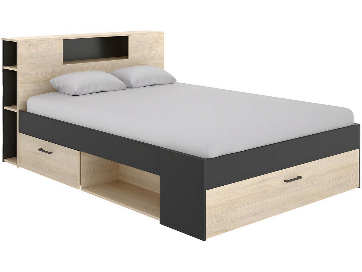 BETT mit Kopfteil, Stauraum & Schubladen + Lattenrost - 160 x 200 cm - Naturfarben & Anthrazit - LEANDRE - Anthrazit, Holz (160/200cm) - Vente-Unique