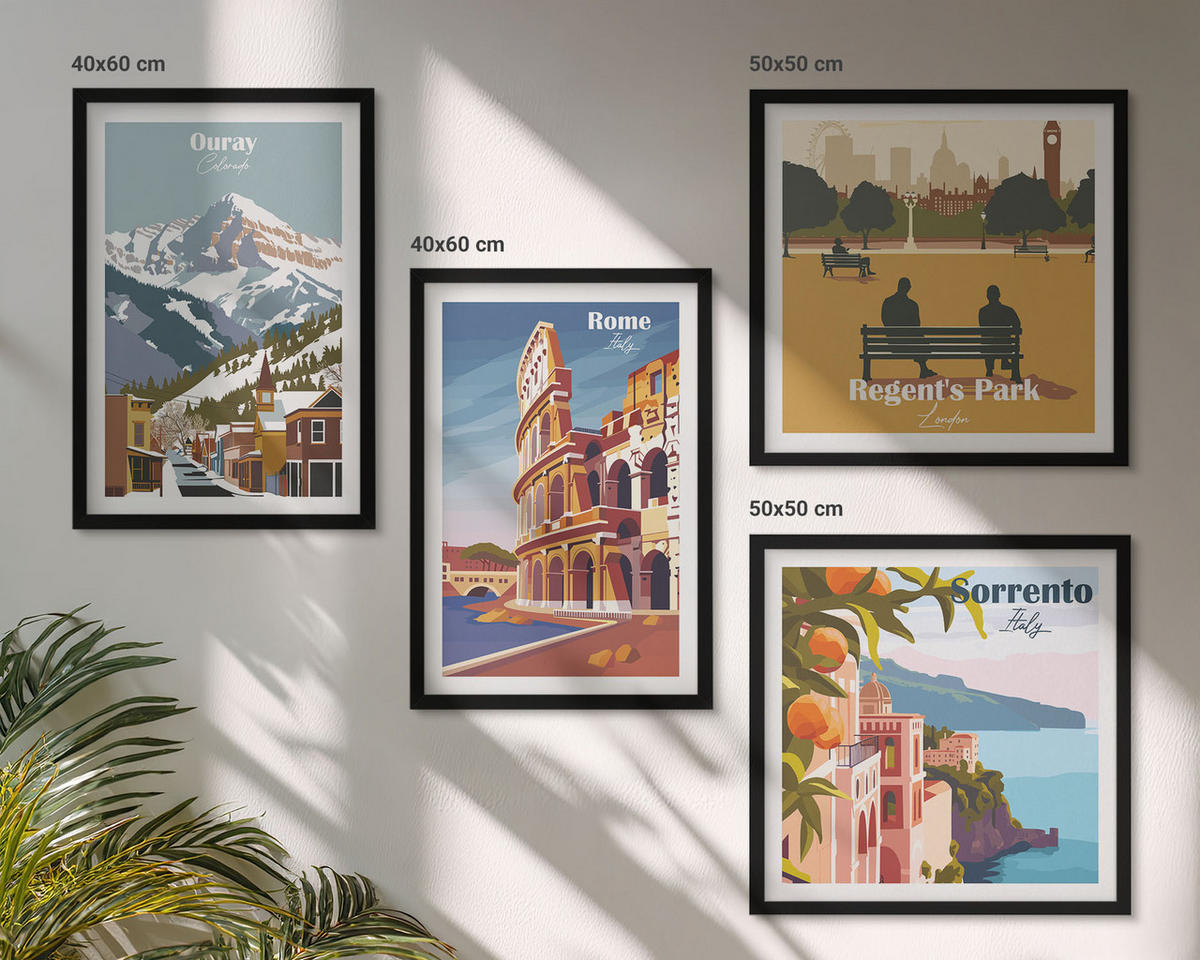 BILDER SET 4er Set - 50x50 cm & 40x60 cm Schwarzer Rahmen - Retro-Illustrationen berühmter Orte - Schwarz, Kunststoff (50/50cm) - TULUP