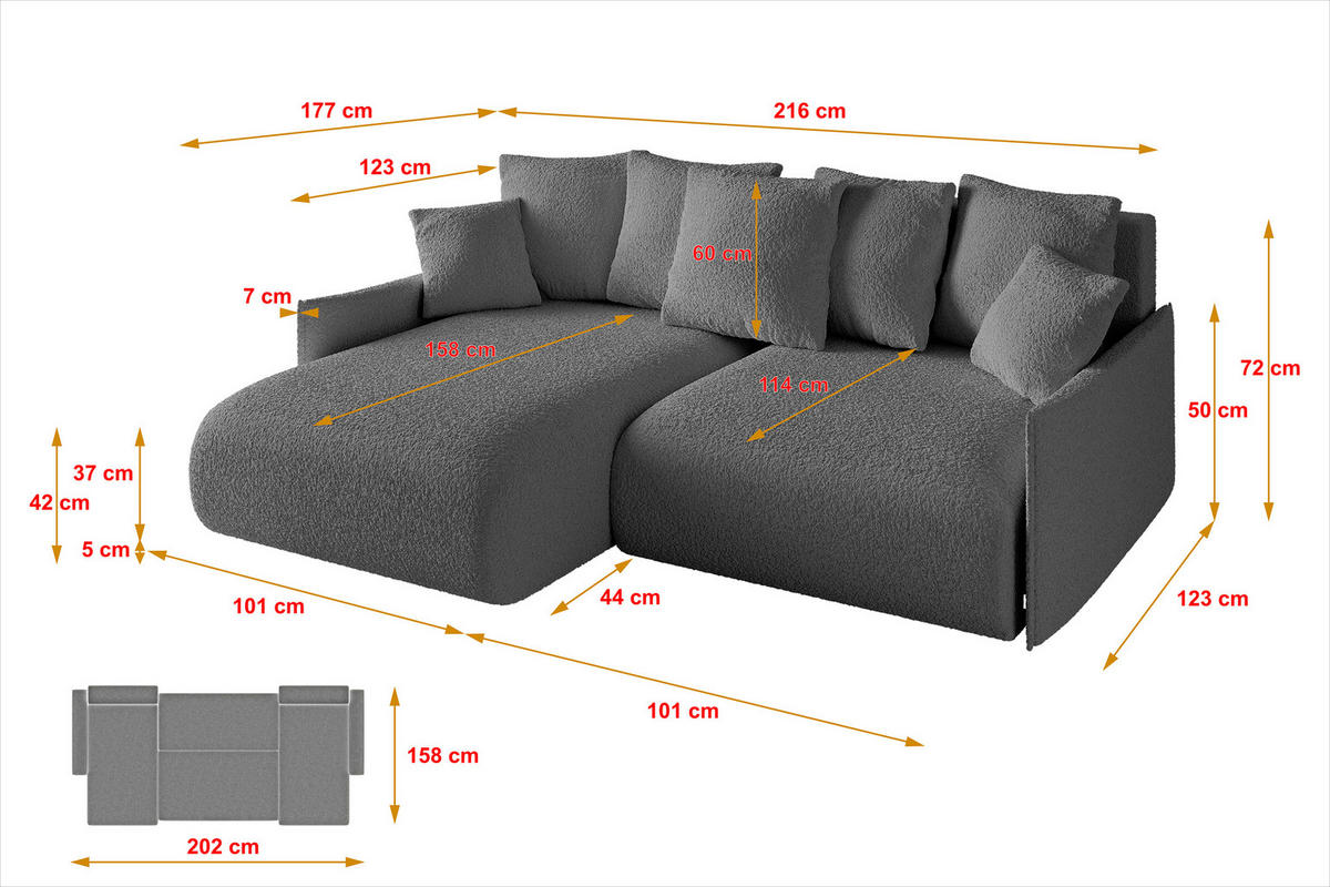 ECKSOFA Ottomane links ONESK-L -v1 216x177x72 Grau Bouclé - Platinfarben, Holzwerkstoff/Kunststoff (216/177cm) - ALTDECOR