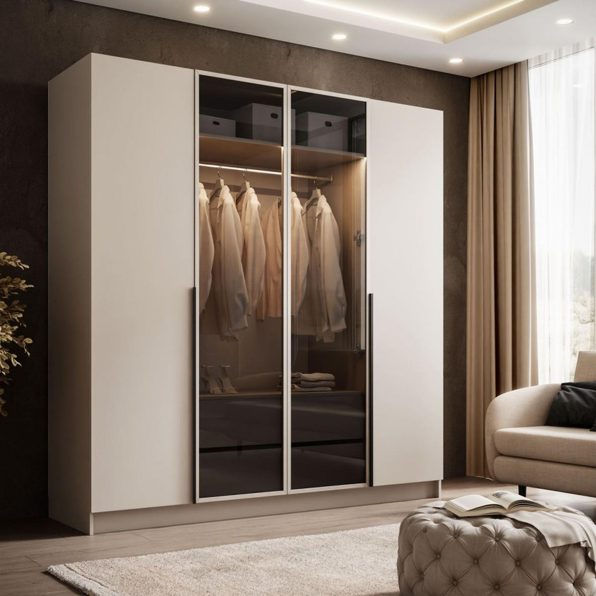 VIERTÜRIGER Schrank ATRIUM II mit Glasfront - Kaschmir, Holzwerkstoff (200/210/57cm) - Lookway