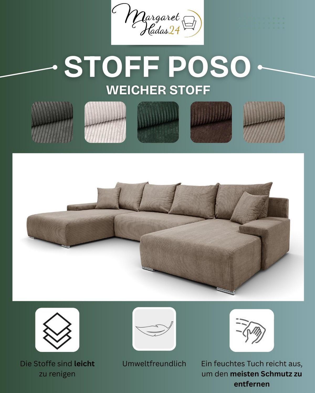 WOHNLANDSCHAFT Lauren in U-Form 348 x 188 cm, 5 Sitzer, Bettzeugablage, Big Sofa, Eckcouch, Cord, hellbraun - Hellbraun, Kunststoff (348/93/188cm) - Margaret Hadas24