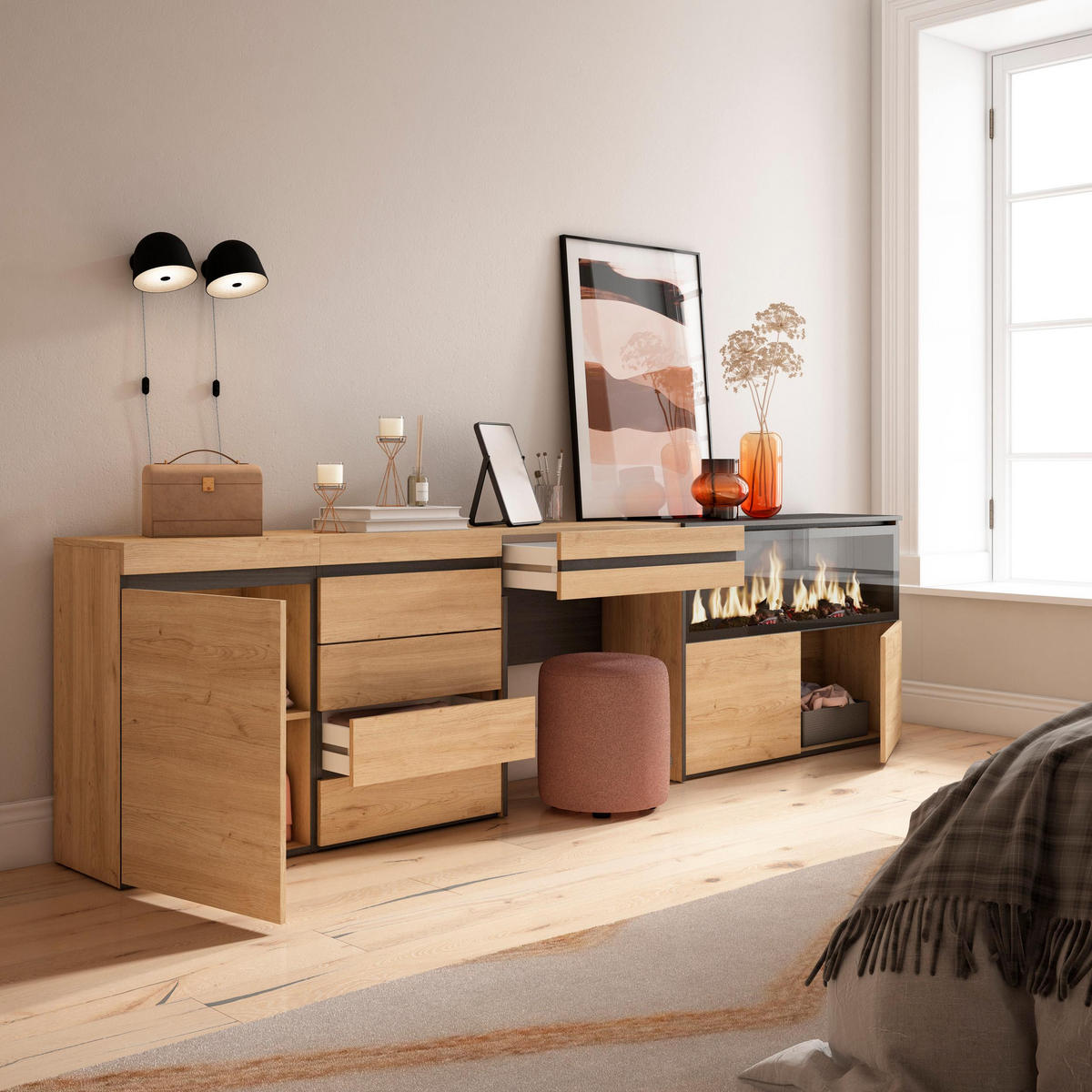 SIDEBOARD mit Konsolentisch Elektrokamin XXL, eiche, 284/35/75 cm - Eichefarben, Holzwerkstoff (35/75/284cm) - Skraut Home