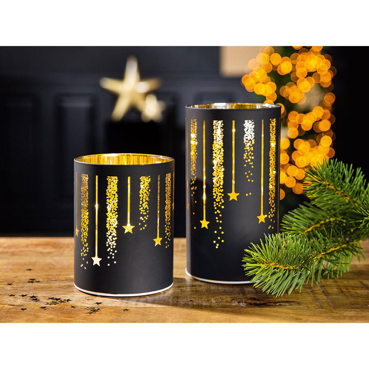 LED-LEUCHTER Sternenregen, mit Timer, Glas, Schwarz / Gold, H 13 cm - Schwarz, Glas (10/10/13cm) - Gilde