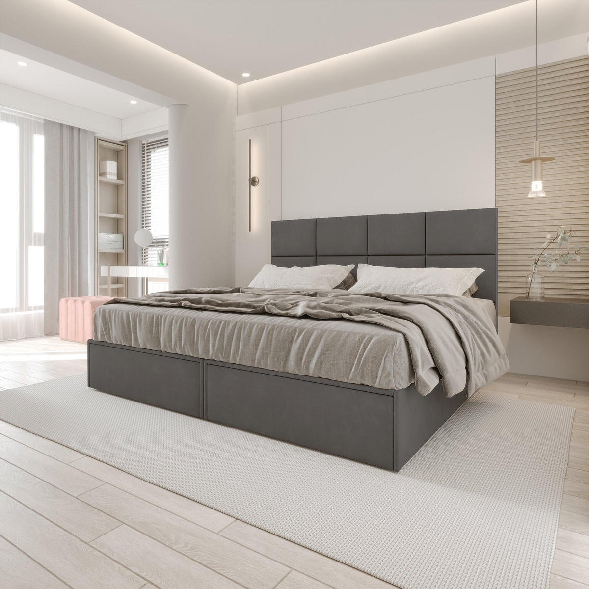 BOXBETT 140x200 cm, GARDA, Bettkasten und Taschenmatratze, Elegant Topper und Schubladen, Dunkelgrau - Dunkelgrau, Holzwerkstoff/Kunststoff (140/200cm) - Trada