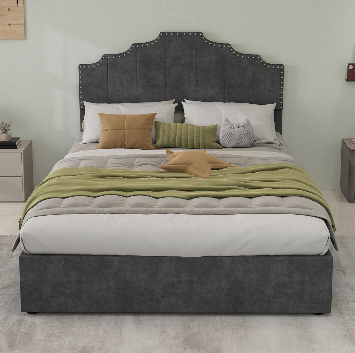 POLSTERBETT 140/200 cm grau aus Stoff und Metall mit Lattenrost - Grau, Textil (140/200cm) - OKWISH