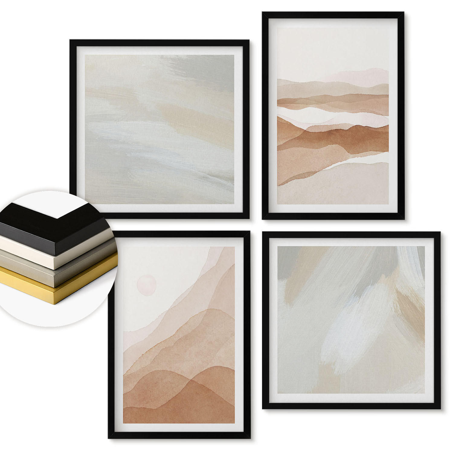 WANDBILDER 4er-Set - 50x50 cm & 40x60 cm Schwarzer Rahmen - Abstrakte braune Landschaften - Schwarz, Kunststoff (50/50cm) - ArtPrintCave