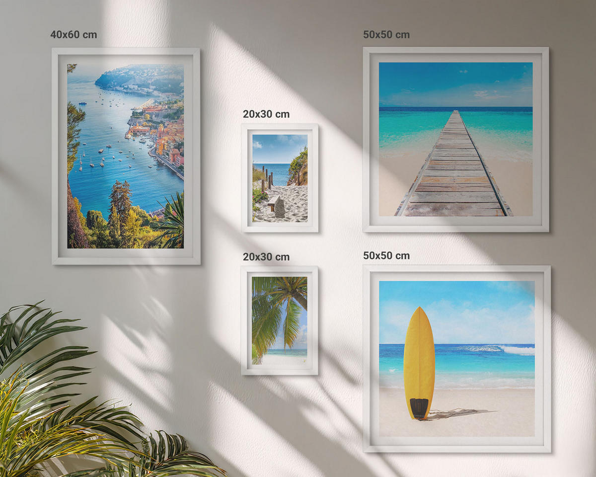WANDBILDER 5er-Set - 50x50 cm & 20x30 cm & 40x60 cm Weißer Rahmen - Urlaubsblick Strand Palmen - Weiß, Kunststoff (40/60cm) - ArtPrintCave