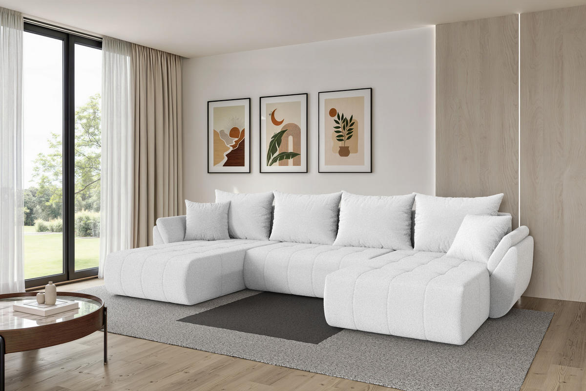 SEDACÍ SOUPRAVA DO U s funkcí spaní a úložným prostorem TOKO-U 378x194x86 bílá bouclé - bílá/černá, kompozitní dřevo/textil (378/86/194cm) - ALTDECOR