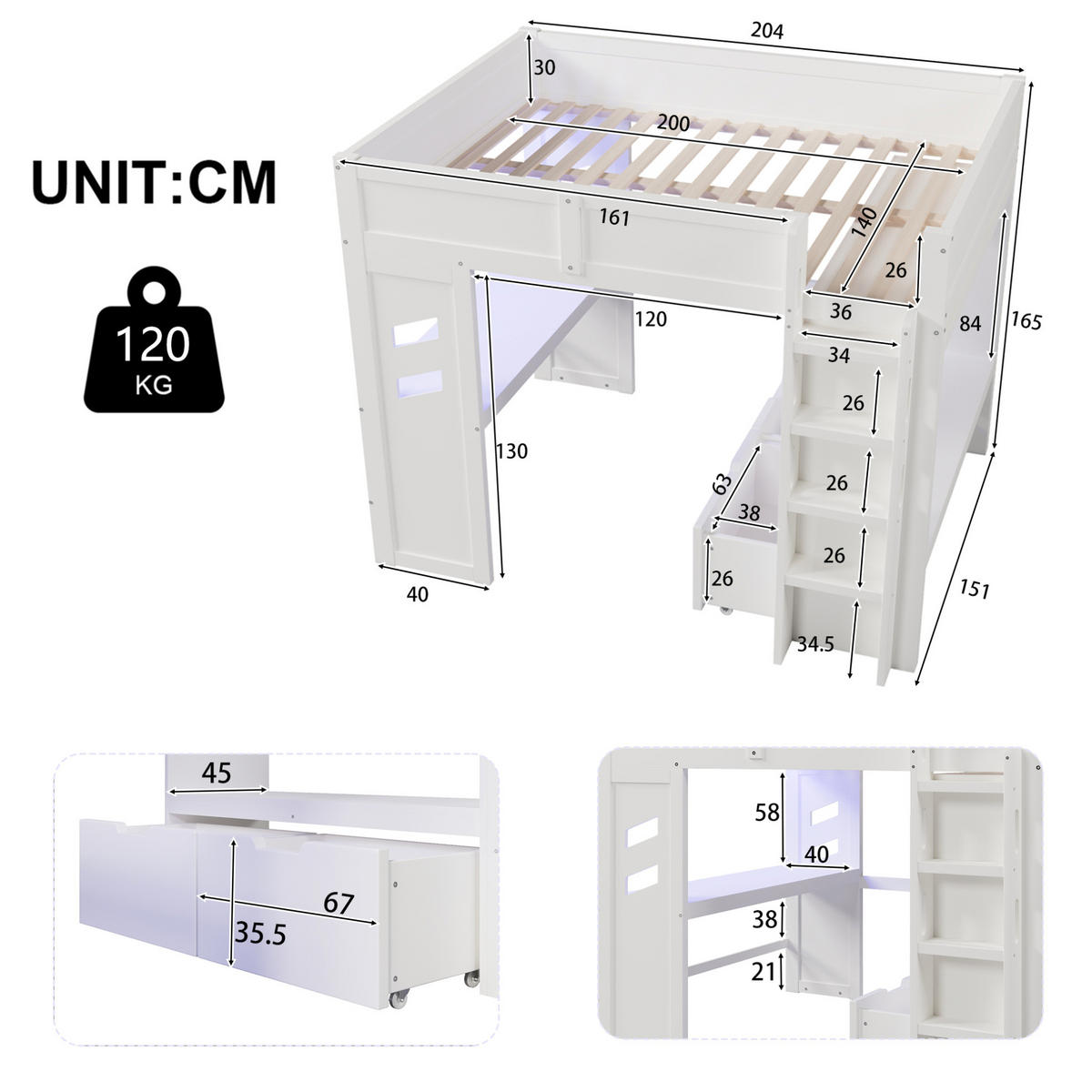 HOCHBETT 140/200 cm mit Schreibtisch, LED-Beleuchtung, USB- und Typ-C-Anschluss, 2 Schubladen, Kiefer massiv, Weiß - Weiß, Holzwerkstoff (140/200cm) - Redom