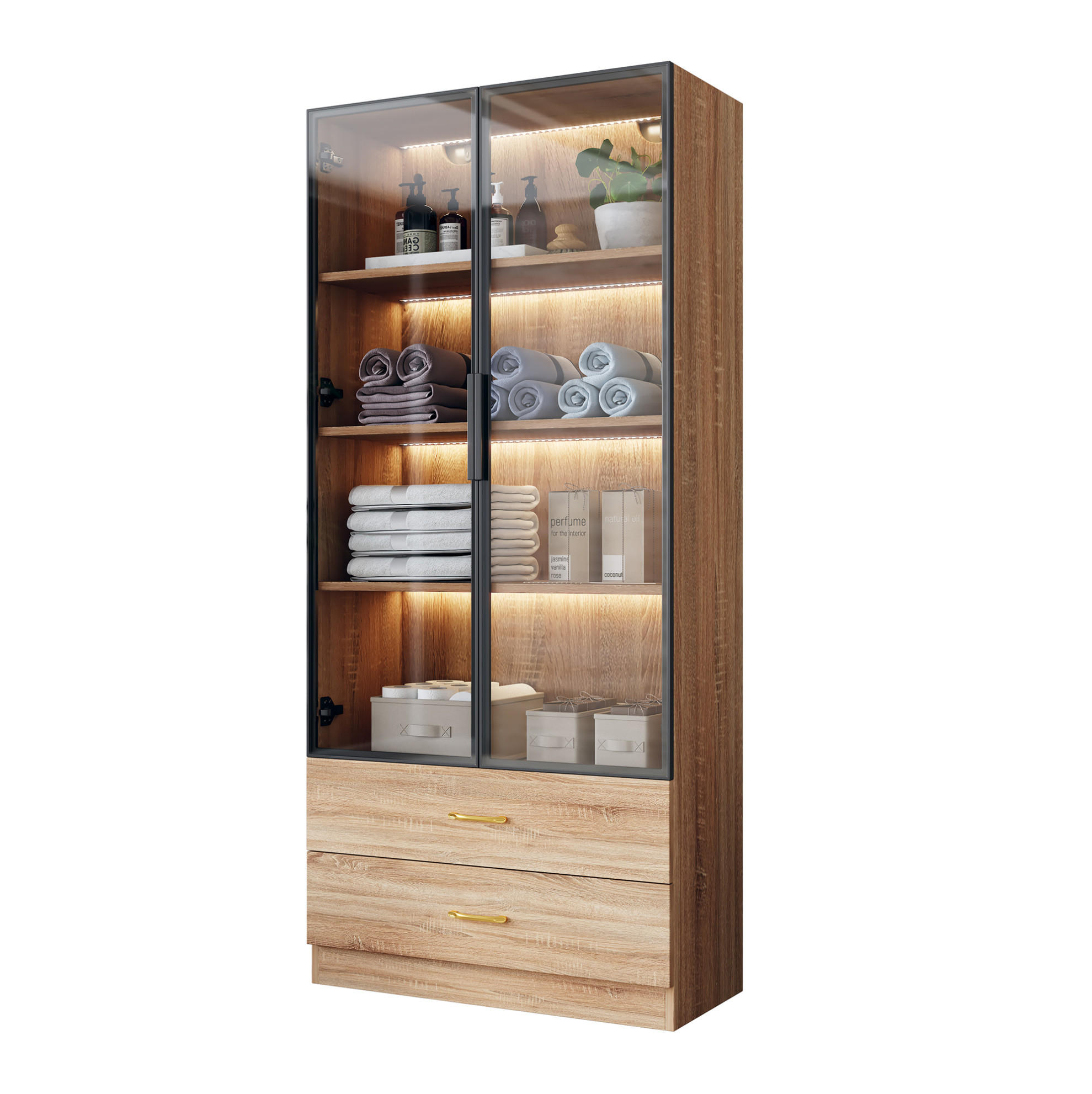 VITRINE 75 cm Braun mit Lichtleiste und Glastür - Braun, Holzwerkstoff (75/170/34.5cm) - Flora Grace