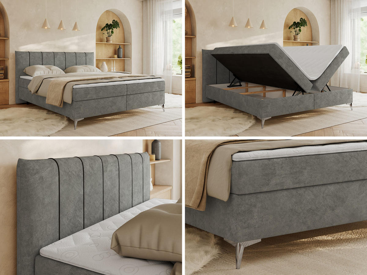 BOXBETT DRINEA 160/200 - Grau Velours - H4 - Grau, Textil (160/200cm) - MKS