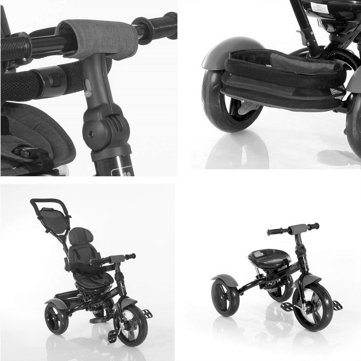 DREIRAD Neo 4 in 1 schwarz Krone EVA-Reifen, Schiebestange, Sitz drehbar, verstellbar - Schwarz, Metall (120/55/104cm) - Lorelli