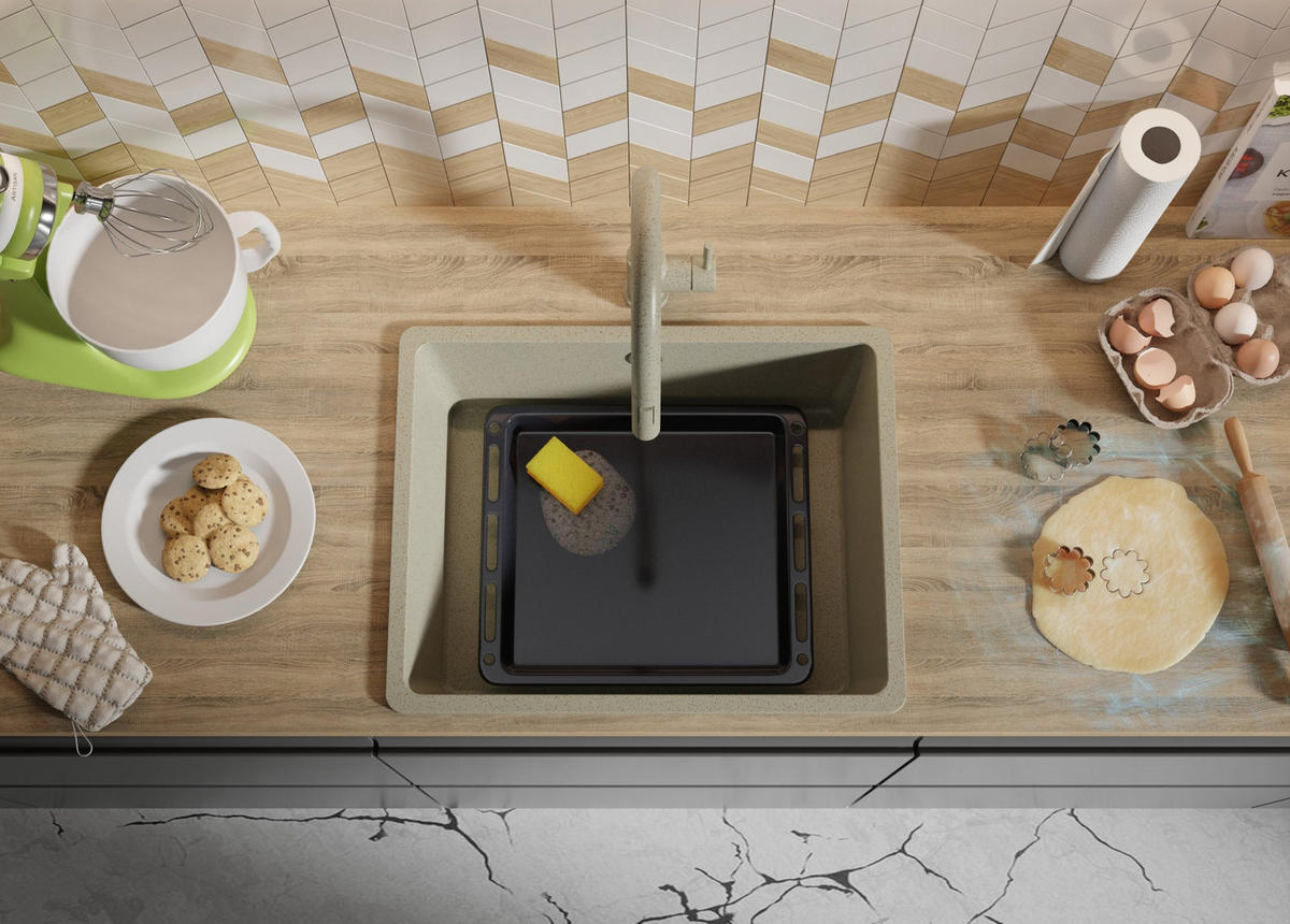 SPÜLBECKEN Venedig Slim Easy, 2-er set Beige 56/44 cm 1 Becken + Ablauf-Set ab 60er Unterschrank - Chromfarben/Beige, Kunststoff (56/20/44cm) - Primagran