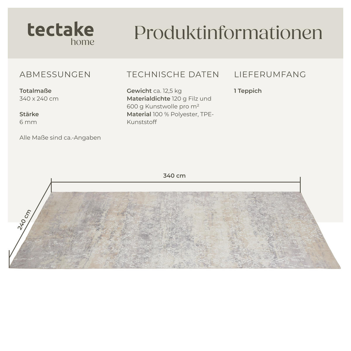 TEPPICH Vintage Design Dalia,rutschfeste Unterfläche,beige - Beige, Textil (240/340cm) - tectake