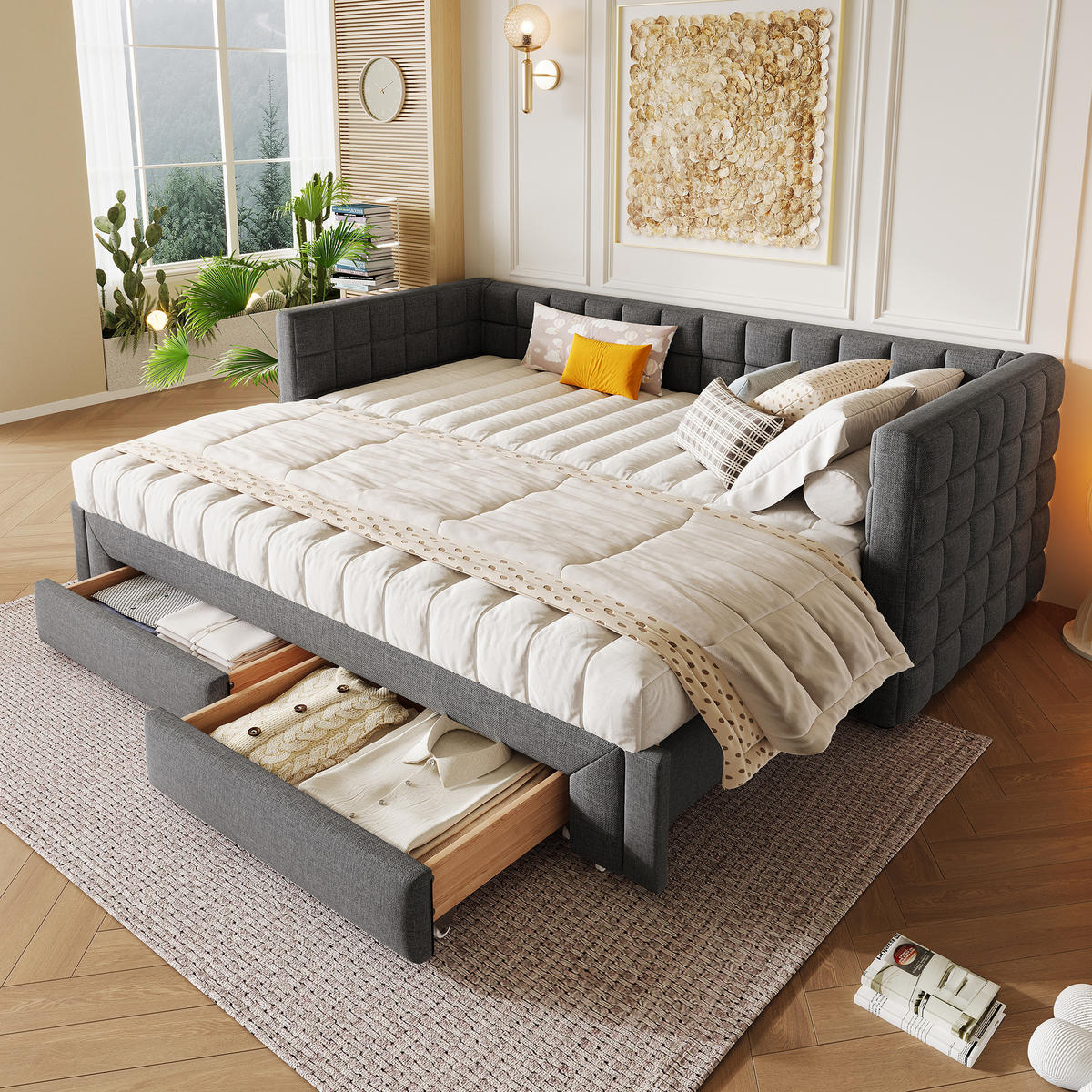 TAGEBETT 90x200cm Grau quadratische Rückenlehne Ausziehbett 2 Schubladen - Grau, Holz (90/200cm) - FLIEKS