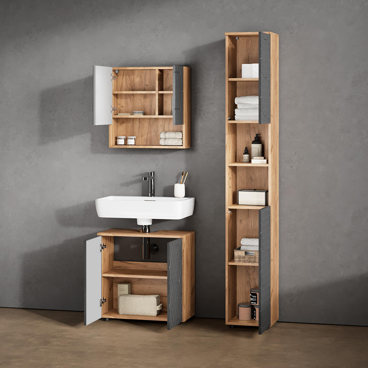 BADMÖBEL-SET Ronco Anthrazit gestreift 3 Teile, mit Hochschrank - Anthrazit, Holzwerkstoff (60/59/30cm) - Livinity®