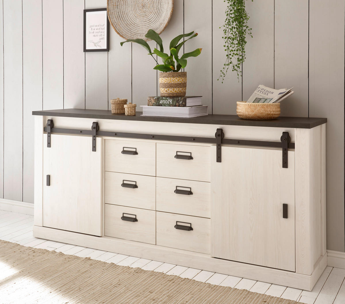 SIDEBOARD weiß Pinie, anthrazit Landhaus, Kommode 201 cm - Anthrazit/Weiß, Holzwerkstoff/Metall (201/91/43cm) - Furn.Design