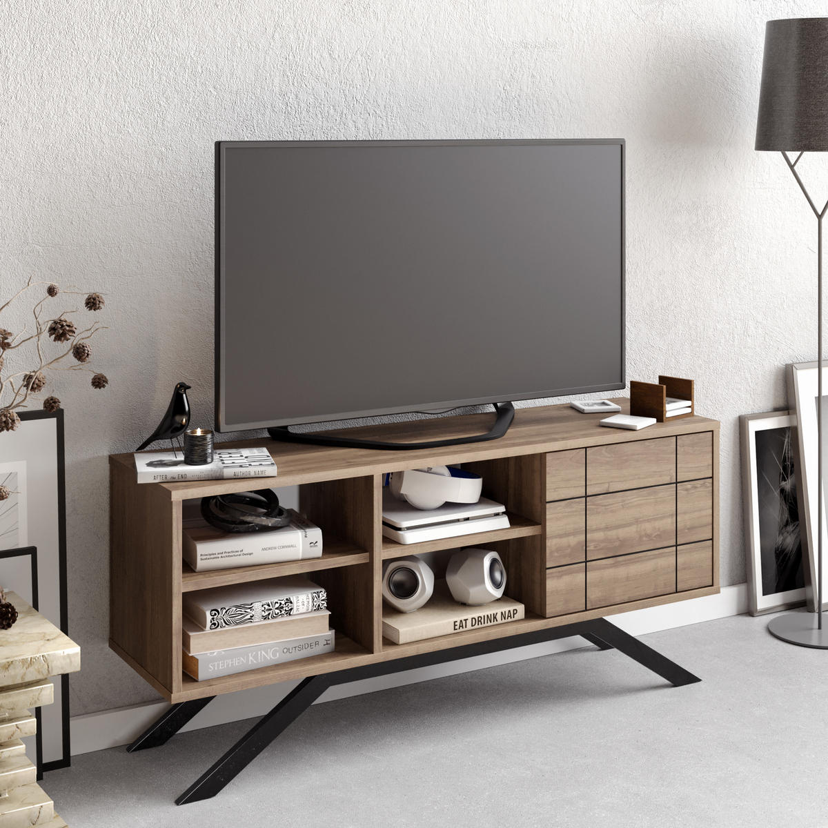 TV-ELEMENT North Walnuss Schwarz - Walnussfarben/Schwarz, Holzwerkstoff (130/58.6/38.6cm) - Decorotika