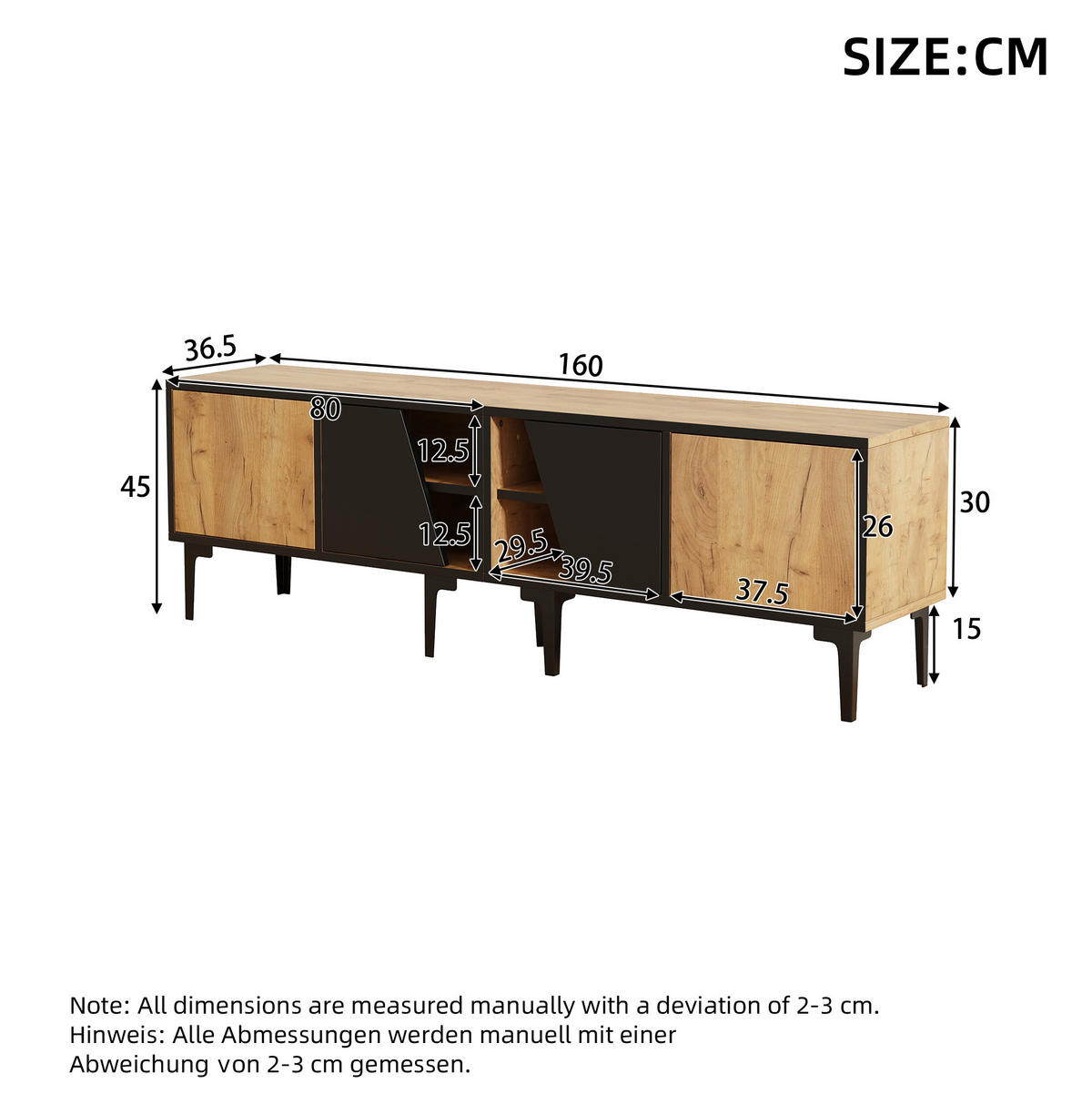 TV ormarić 160/36,5/45 cm s 4 pretinca i 7 potpornih nogu, prirodna boja drva i crna - svijetlo smeđa, drvni materijal (160/45/36.5cm) - Redom