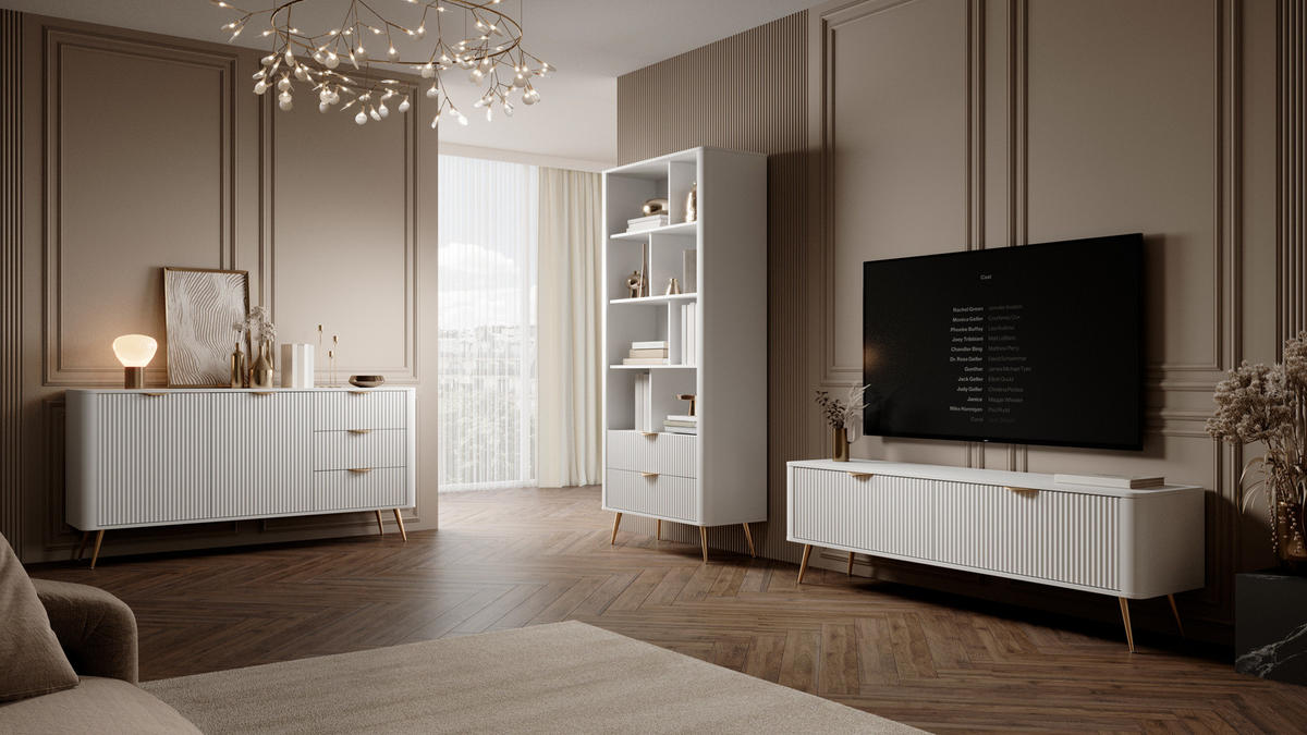 SIDEBOARD Flore 163 cm Weiß / Gold - mit 3 Schubladen und 2 Türen - Riffel-Optik - Gelb/Goldfarben, Holz/Holzwerkstoff (163/81/38cm) - Ravio