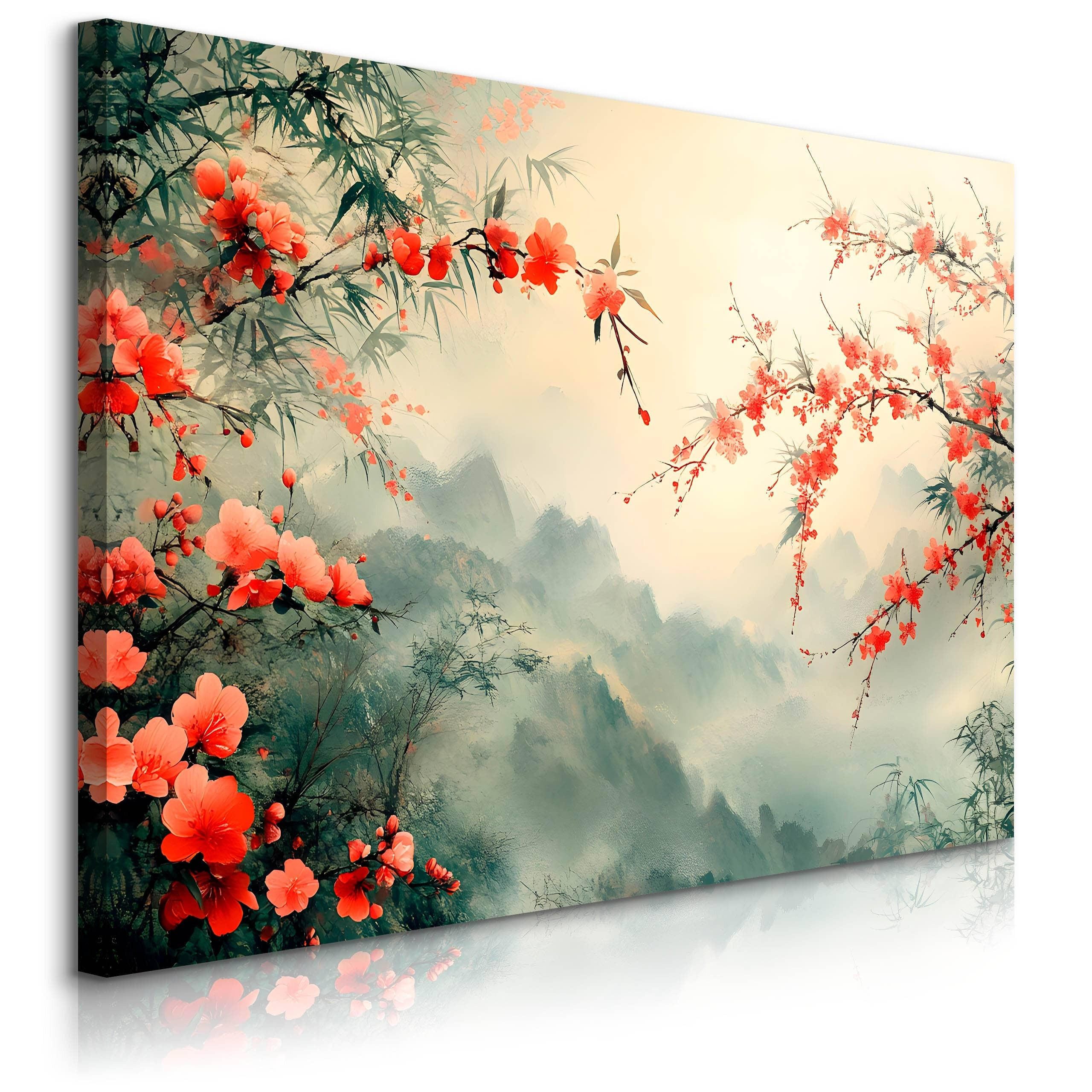 LEINWANDBILD Blumen Pflanzen Berge Landschaft 70cm x 50cm - Rot/Schwarz, Textil (70/50cm) - Muralo