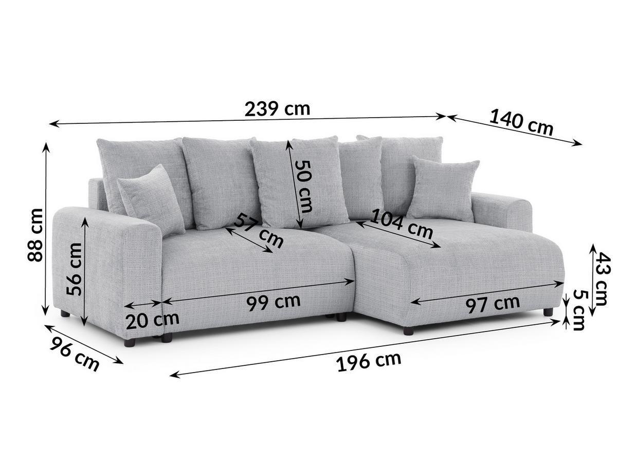 ECKSOFA Calma mit Schlaffunktion und Bettkasten im Bumpy-Design aus weichem Hellgrau Chenille-Stoff - Ottomane rechts - Beige/Hellgrau, Holz/Kunststoff (239/140cm) - S-Style Möbel