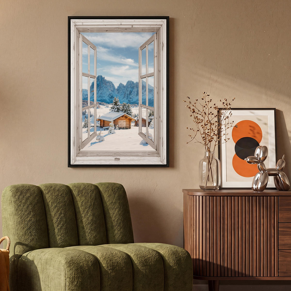 LEINWAND Bilder mit Rahmen - Winterlandschaft - Hütte - Berge - Ausblicke - Aussicht - Natur - 60x90 - Weiß Hochglanz, Textil (60/90cm) - MuchoWow