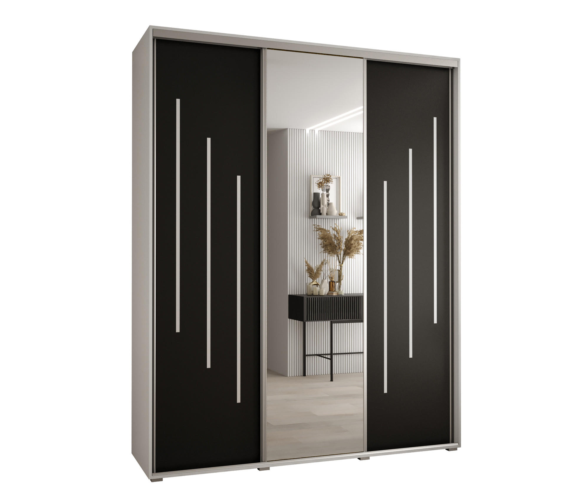 Abiks Möbel Schwebetürenschrank Weiß, Schwarz, Silber 190x235x45 cm