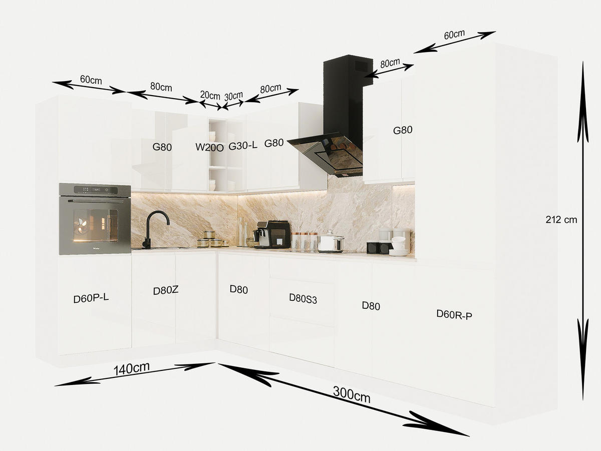 ECKKÜCHE 300x140 cm Glanzia – KU-S10 – Weiß – Hochglanz - Weiß Hochglanz, Holzwerkstoff (300/212/140cm) - hi-markt