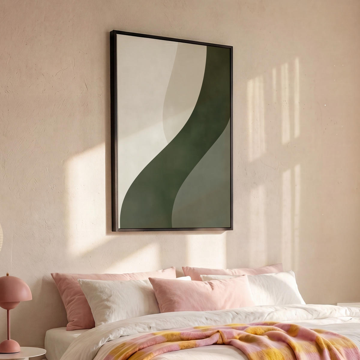 LEINWAND Bilder mit Rahmen - Japandi - Grün - Abstrakt - Modern - 90x140 - Salbeigrün, Textil (90/140cm) - MuchoWow