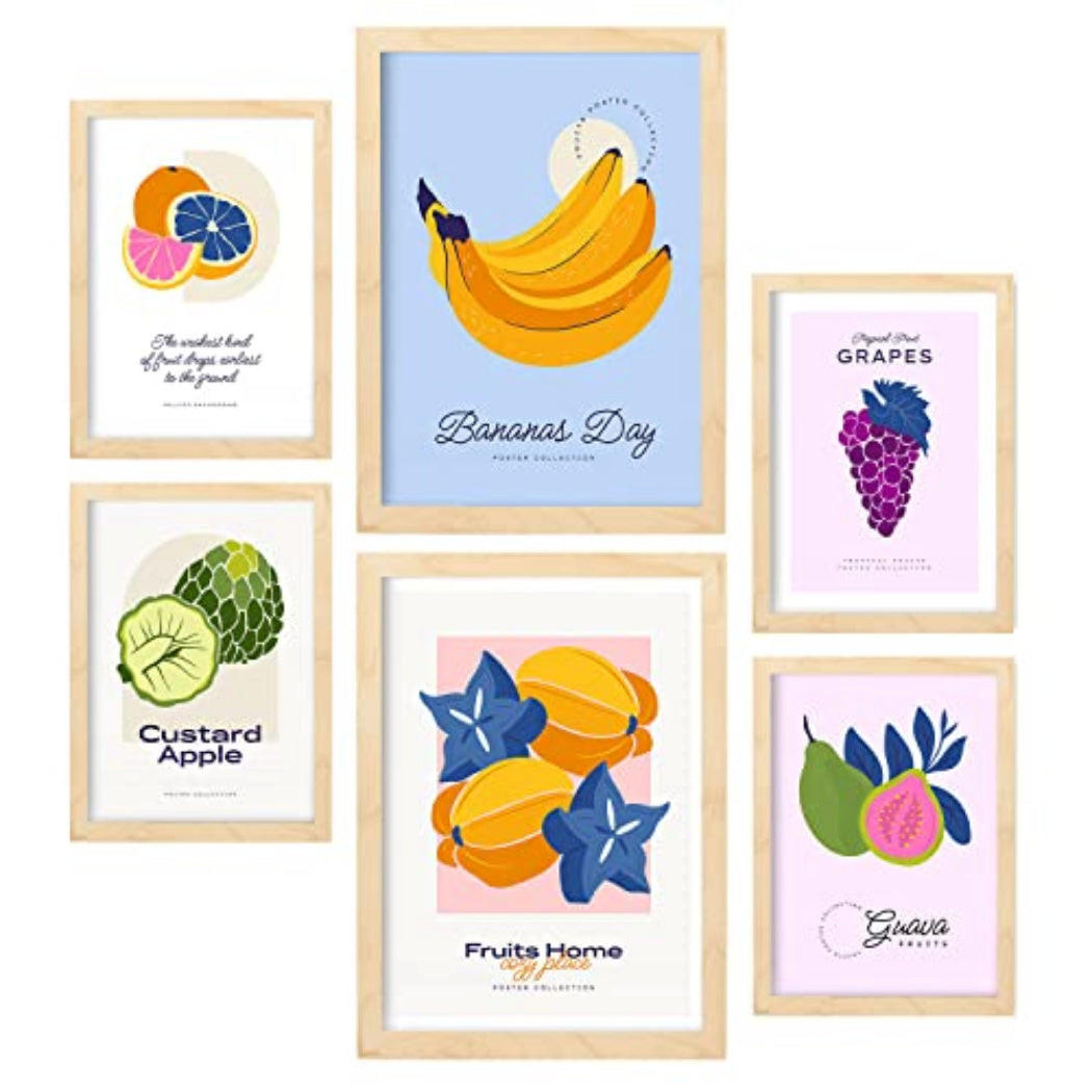POSTER Set Mit 6 Lebensmittel Und Ernährungs Tropisch Und Fruchtig Natur Und Ernährungs Für Innenarchitektur A3 & A4 Rahmen Aus Hellem Holz - Beige, Papier (29/3cm) - Nacnic