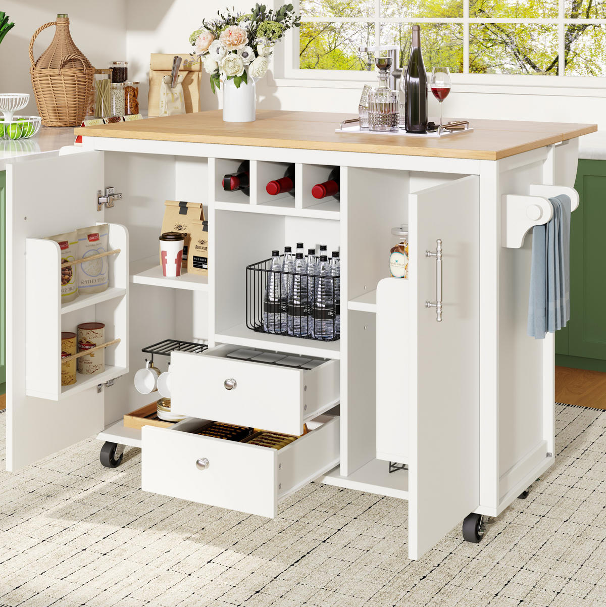 KÜCHENINSEL 137.9x73x92cm aus MDF/Metall mit Klapptisch & Weinregal - Weiß, Holzwerkstoff (137.9/92/73cm) - Modfu
