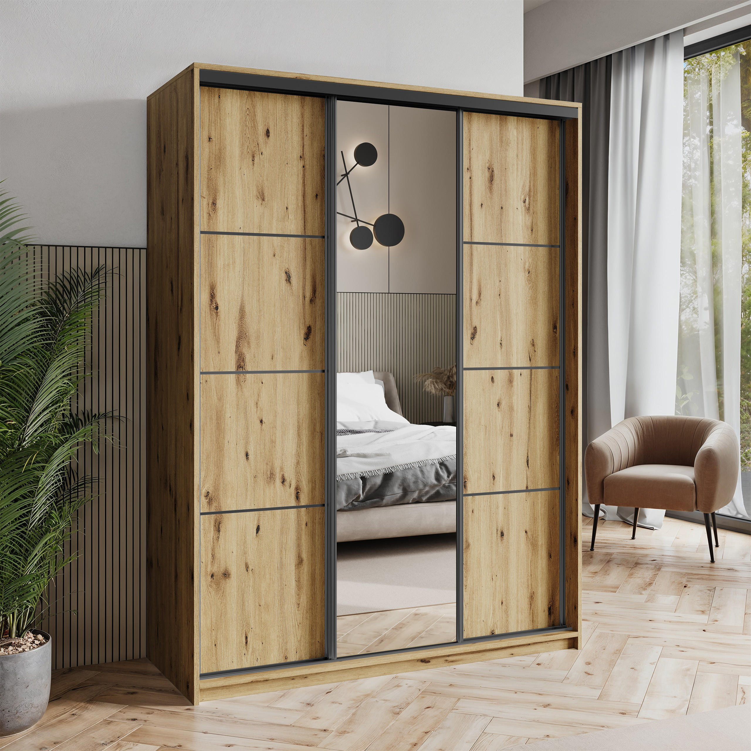 SCHWEBETÜRENSCHRANK VARO 150/205/60 cm 3-türig mit Spiegel Eiche Artisan - Eiche Artisan, Holzwerkstoff (150/205/60cm) - MASSENO