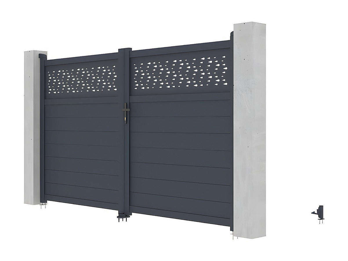 GARTENTOR Flügeltor - 305 x 181 cm - Aluminium - Halbvoll mit Muster - Anthrazit - BAZIO - Anthrazit, Metall (300/176cm) - Vente-Unique