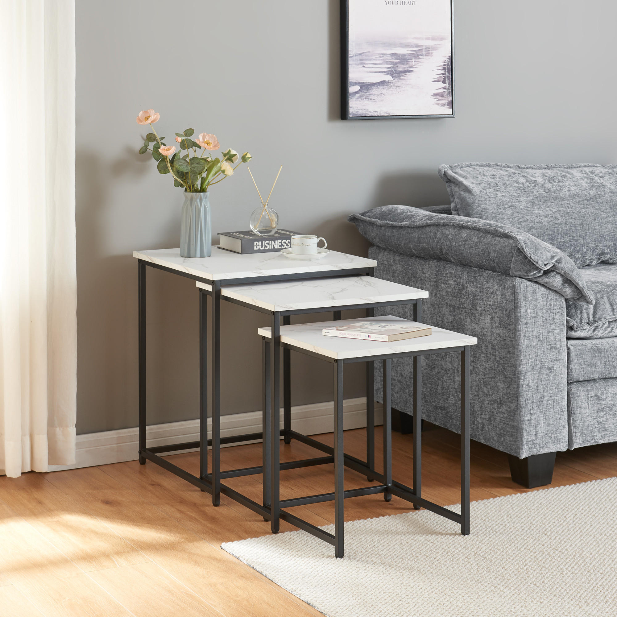 BEISTELLTISCH-SET 3 TLG. Trollhättan - Schwarz/Weiß, Holzwerkstoff/Metall (50/50/60cm) - [en.casa]