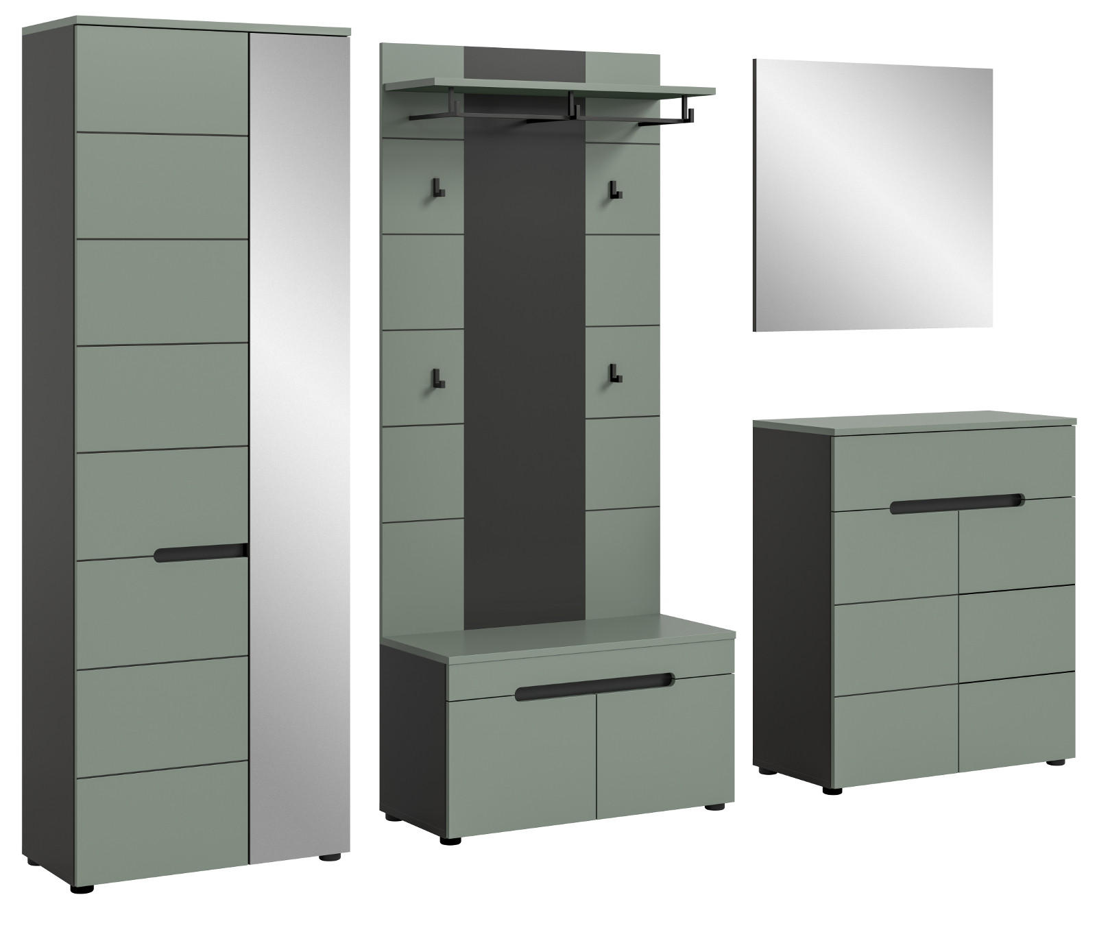 GARDEROBE-SET Salbei und Grau, Garderobe 5-teilig, 255 x 190 cm, Soft-Close, Cooper - Salbeigrün/Dunkelgrau, Holzwerkstoff/Kunststoff (255/190/37cm) - Inn.Furn