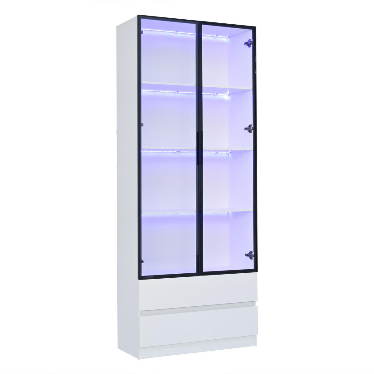 VITRINE LED Hochschrank 2 Türen 2 Schubladen Weiß - Weiß, Holzwerkstoff (80/200/34cm) - FLIEKS