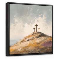LEINWAND Bilder mit Rahmen - Hügel - Abstrakt - Christentum - Kreuz - 20x20 - Hellgrau, Textil (20/20cm) - MuchoWow